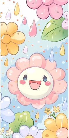 a cartoon character with flowers and raindrops in the background, as well as an image