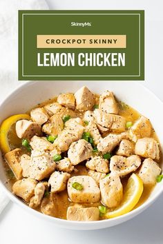 a white bowl filled with chicken and lemon