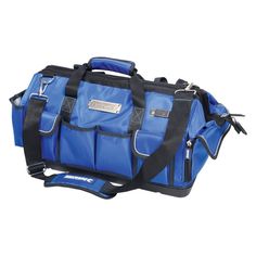 a blue duffel bag with black straps