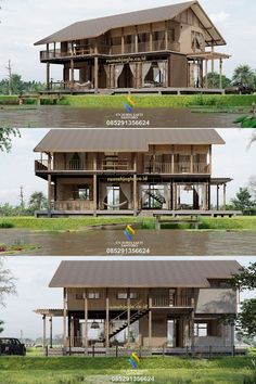 three different views of a wooden house in the grass and trees, with text below it