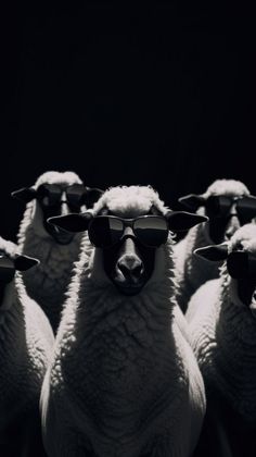 black and white photograph of sheep wearing sunglasses