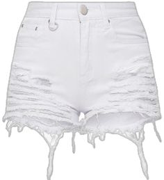 White Ripped Cotton Bottoms, Trendy White Denim Shorts, Chic White Fitted Jean Shorts, Trendy High-waist White Jean Shorts, Trendy High Waist White Jean Shorts, White High Waist Denim Shorts, Distressed White Cotton Bottoms, Trendy White Shorts With Frayed Hem, Chic White Jean Shorts