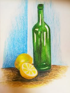 a drawing of a green bottle next to a lemon