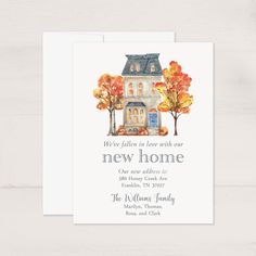 a new home card with the words, we've fallen in love with our new home