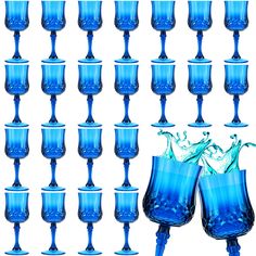 many blue glasses with water splashing out of them