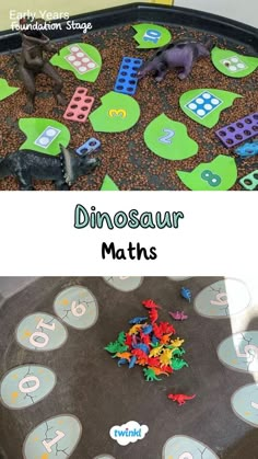 an image of dinosaur maths on the floor with dinosaurs and numbers in it,