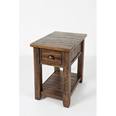 a small wooden table with one drawer on the bottom and two shelves below it, against a white background