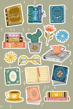 various stickers with books and flowers on them