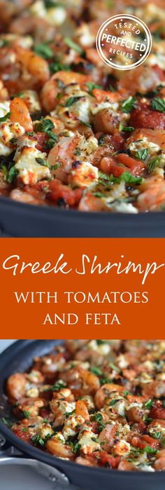 two pans filled with food and the words greek shrimp with tomatoes and feta