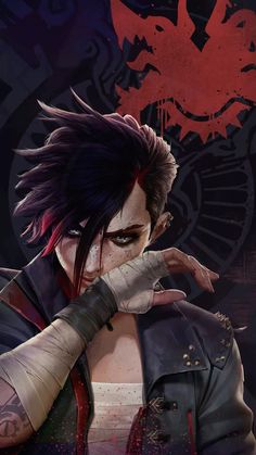 an anime character with black hair and tattoos holding his hand up to his face, in front of a dark background