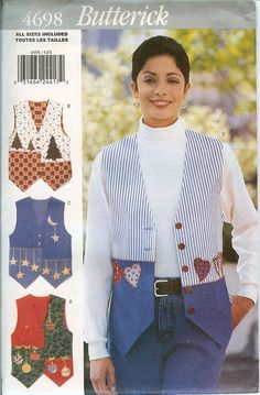 Butterick 4698 Applique Vests Seasonal Sewing Pattern Misses UNCUT FF embroidery | Crafts, Sewing, Sewing Patterns | eBay! Vest Patterns For Women Sewing, Long Vest Pattern, Vest Sewing, Holiday Vest, Vest Sewing Pattern, Quilt Dress, Butterick Sewing Pattern, Vest Pattern, Couture Vintage