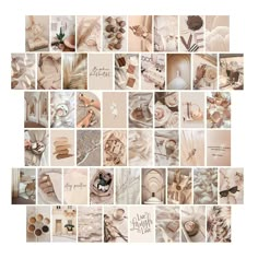 a collage of many different images with words and pictures on them, all in shades of beige