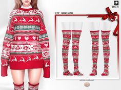 a woman in red and white christmas sweater with stockings on her feet, standing next to a