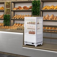 a display case in a bakery filled with lots of bread