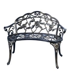 a metal bench with ornate carvings on it's back and arms, against a white background