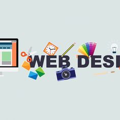 the word web design is surrounded by colorful images and objects that are flying around it