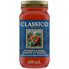 classico tomato and basil sauce in a glass jar with a gold cap on the top