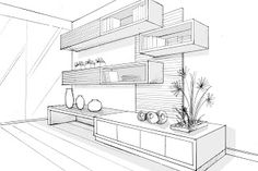 a line drawing of a living room with shelves and planters on the countertop