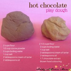 the ingredients for hot chocolate play dough are displayed on a pink and white background with text