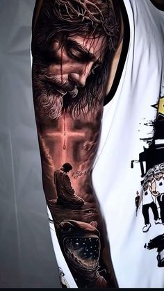 Heaven Tattoos For Men Shoulder, Our Father Tattoo, Christanity Tattoos For Men, Both Arms Tattoo Sleeve, Dark Cover Up Tattoos Men, Religious Sleeve Tattoo Men, Realism Tattoos Men, Jesus Forearm Tattoo Men, Padre Pio Tattoo Design