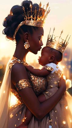 a woman holding a baby wearing a crown