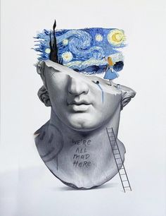 a drawing of a man's head with the words we are all mad here on it