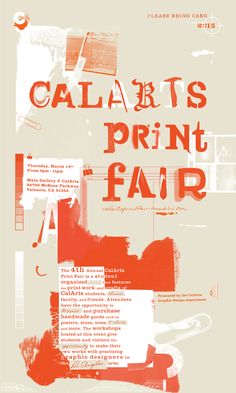 a poster with the words calabts print fair written in red and orange on it