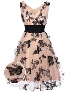 Nude 1950s Lace Butterfly Swing Vintage Dress – Retro Stage - Chic Vintage Dresses and Accessories Full Flared Skirt, Floral Pencil Dress, Retro Stage, Lace Butterfly, Vestidos Retro, Sunflower Dress, Plus Size Prom, Sequin Evening Dresses, Standard Dress