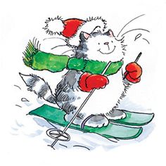 a drawing of a cat on skis wearing a santa hat and holding an apple