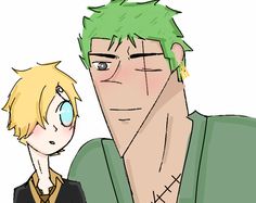 two anime characters one with green hair and the other blonde