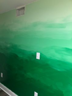 DIY ombré’ wall.  Painted horizontal stripes with 4” of space between each one. Grabbed a dry brush after the stripes dried and blended the two colors between stripes starting with the lightest color. Ombre Wall Painting Ideas, Baer Paint, How To Paint An Ombre Wall Diy, Green Ombre Wall Paint, Blue Green Ombre Wall, Green Ombre Wallpaper, Ombre Bedroom, Ombre Painted Walls, Green Painted Walls