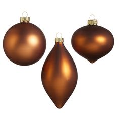 three shiny brown christmas ornaments hanging from strings