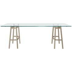 a glass table with wooden legs on a white background