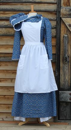 Blue-pioneer-dress-4pc Pioneer Woman Dress, Trek Clothing, Pioneer Costume, Pioneer Trek, Pinafore Apron, White Elegance