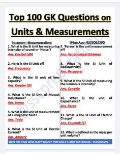 the top 100 gk questions on units and measurements for class 12 students in english