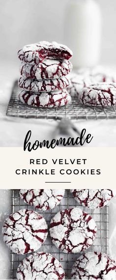 red velvet crinkle cookies stacked on top of each other with the words homemade above them