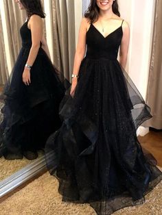 A Line V Neck Backless Sequins Black Long Prom Dresses, Backless Black Formal Dresses, Black Evening Dresses Black Long Prom Dresses, Formal Dresses Black, Black Formal Dresses, Modern Royalty, Black Dress Formal, Black Prom Dress, Backless Prom Dresses, Black Prom, Long Prom Dresses