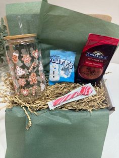 a gift bag filled with snacks and candy