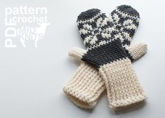 two knit mittens sitting next to each other on top of a white surface with the words pattern lerochett written below it