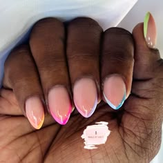 Round Nails Colored Tips, Oval Easter Nails, 2 Color French Tip Nails Almond, Dual Color French Tip Nails, Easter Nails Acrylic Pastel Almond, Pastel Tip Nails Almond, Colorful Chrome French Tip Nails, Short Almond Summer Nails 2024, Colorful Oval Nails