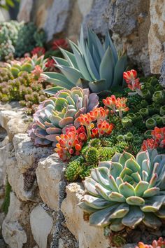 there are many succulents growing on the rocks