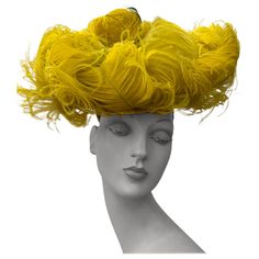 Spectacular 1940s Chartreause Ostrich Feather Perching Doll Hat Fascinator: High 40s style is yours in this extravagantly unusual custom made hat! No makers label but this bold color statement is an instantly iconic look! A cloud of ostrich feathers floats above you with a black felt base and wired ring. Multiple silk forest green bows at back. One size fits all. Adjustable Hat With Ostrich Feather Trim, Vintage Adjustable Hats With Feather Trim, 30s Feather Hat, Vintage Feathered Hats, Vintage Black Hat With Feathers, Unusual Hats, Custom Made Hats, Turkey Feathers, Feather Hat