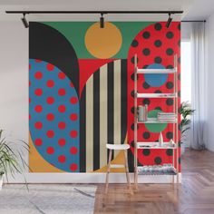 an abstract painting with circles and dots on a red background wall mural