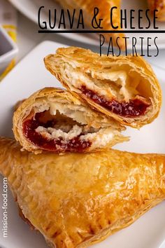 two pastries on a white plate with the words guava and cheese pastries