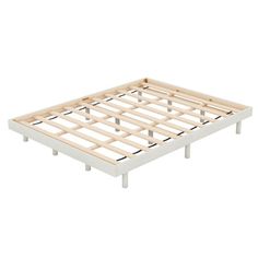 a white bed frame with wooden slats on the top and bottom part, in front of a white background