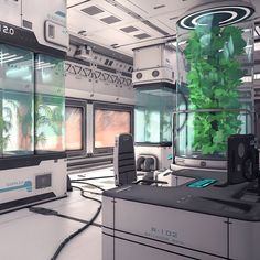 a futuristic office with plants growing in the center and windows on either side of the desk