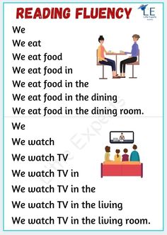 a poster with some words on it that say reading flueny and we eat food in