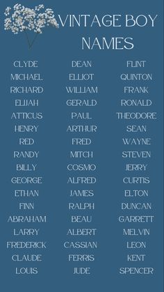 the vintage boy names in blue and white with flowers on each side, against a blue background