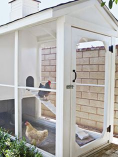 a white chicken coop with two chickens in it's door and one on the outside