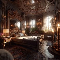 an ornate bedroom is shown in this image